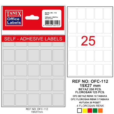Tanex Ofis Etiketi Poşetli 19x27 MM Beyaz OFC-112