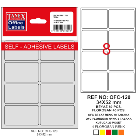 Tanex Ofis Etiketi Poşetli 34x55 MM Beyaz OFC-120