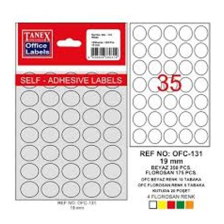 Tanex Ofis Etiketi Poşetli Yuvarlak 19 MM Beyaz OFC-131