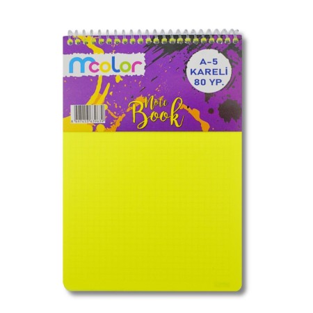 Mcolor A5 Plastik Kapak Bloknot Üstten Telli 80 yp Kareli