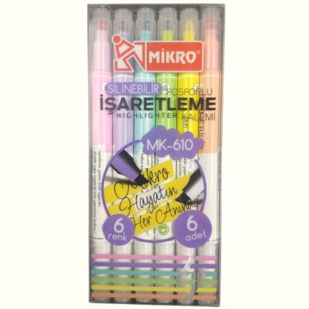 Mikro Silinebilir fosforlu işaretleme kalemi 6 Renk MK-610.